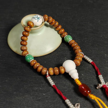 Authentic 9mm Lotus Seed Beads Wrist Mala Bracelet: Decades Old Tibetan Rosary Hand Hold Prayer Beads - 13cm Stretched