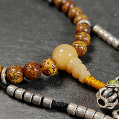 Authentic 9mm Lotus Seed Beads Wrist Mala Bracelet: Decades Old Tibetan Rosary Hand Hold Prayer Beads - 13cm Stretched