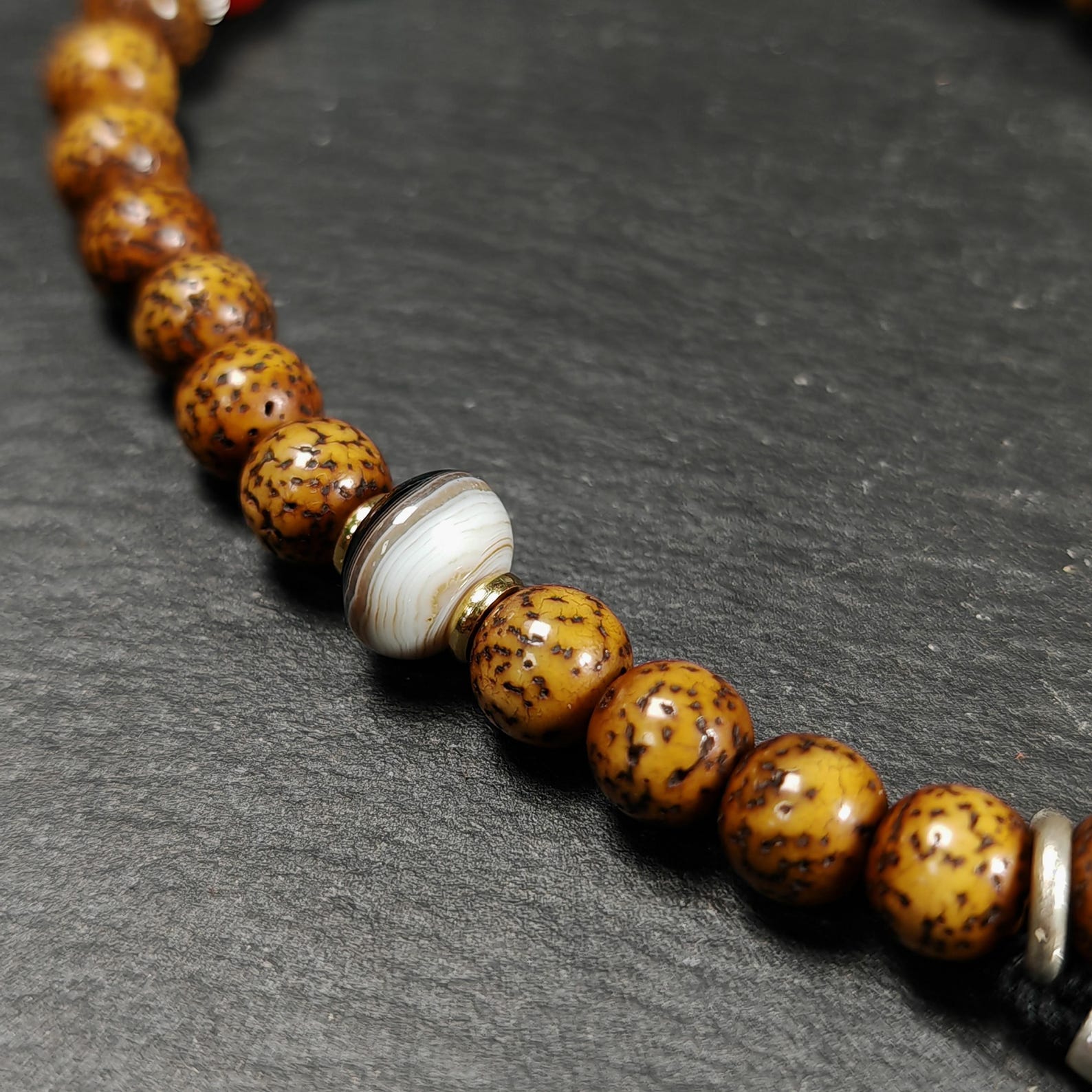 Authentic 9mm Lotus Seed Beads Wrist Mala Bracelet: Decades Old Tibetan Rosary Hand Hold Prayer Beads - 13cm Stretched