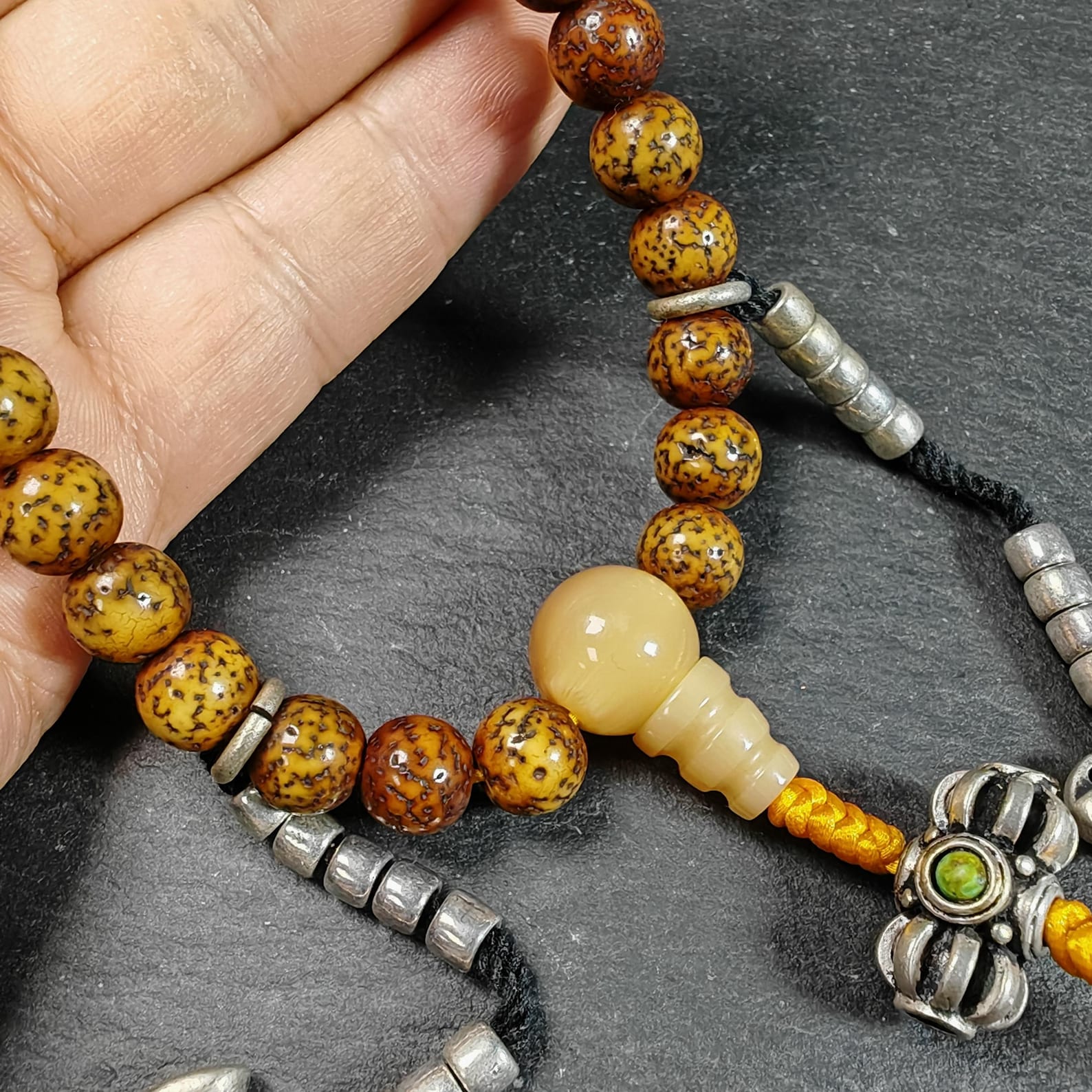 Authentic 9mm Lotus Seed Beads Wrist Mala Bracelet: Decades Old Tibetan Rosary Hand Hold Prayer Beads - 13cm Stretched