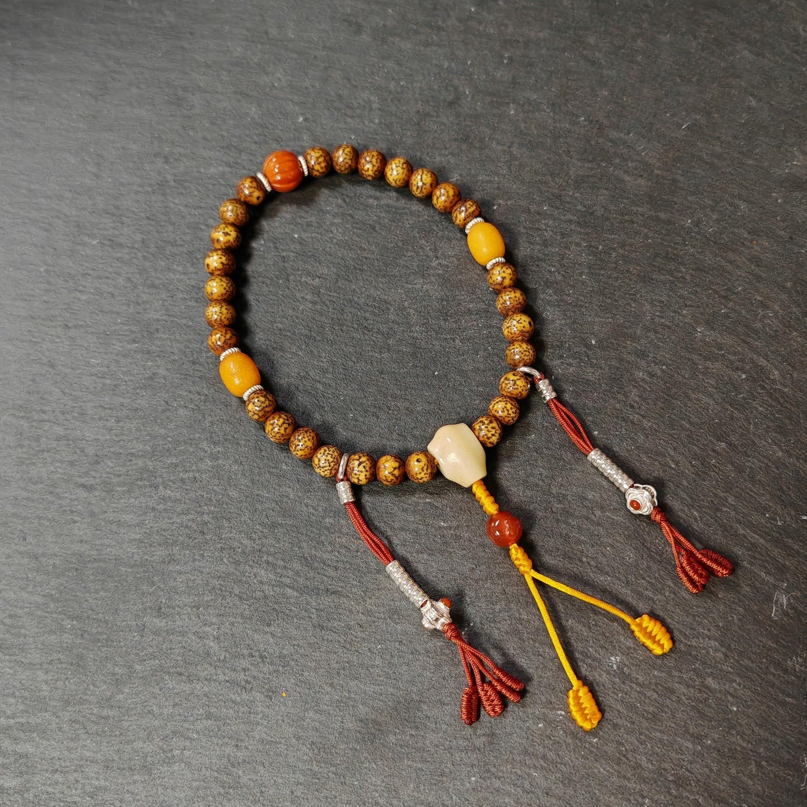 Authentic 9mm Lotus Seed Beads Wrist Mala Bracelet: Old Tibetan Rosary Hand Hold Prayer Beads - 13cm Stretched