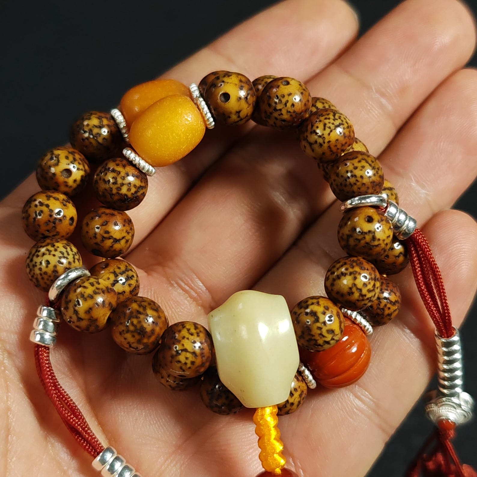Authentic 9mm Lotus Seed Beads Wrist Mala Bracelet: Old Tibetan Rosary Hand Hold Prayer Beads - 13cm Stretched