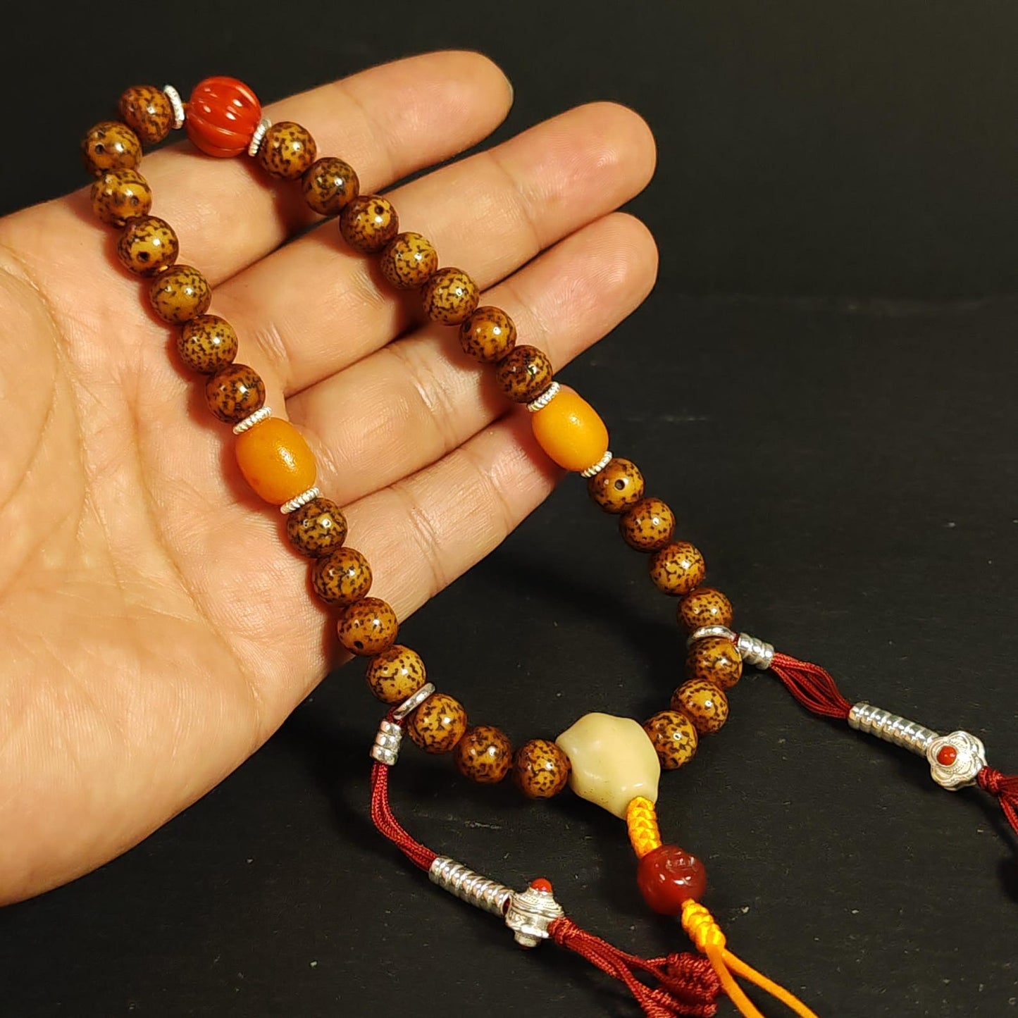 Authentic 9mm Lotus Seed Beads Wrist Mala Bracelet: Old Tibetan Rosary Hand Hold Prayer Beads - 13cm Stretched