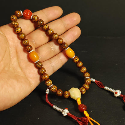 Authentic 9mm Lotus Seed Beads Wrist Mala Bracelet: Old Tibetan Rosary Hand Hold Prayer Beads - 13cm Stretched
