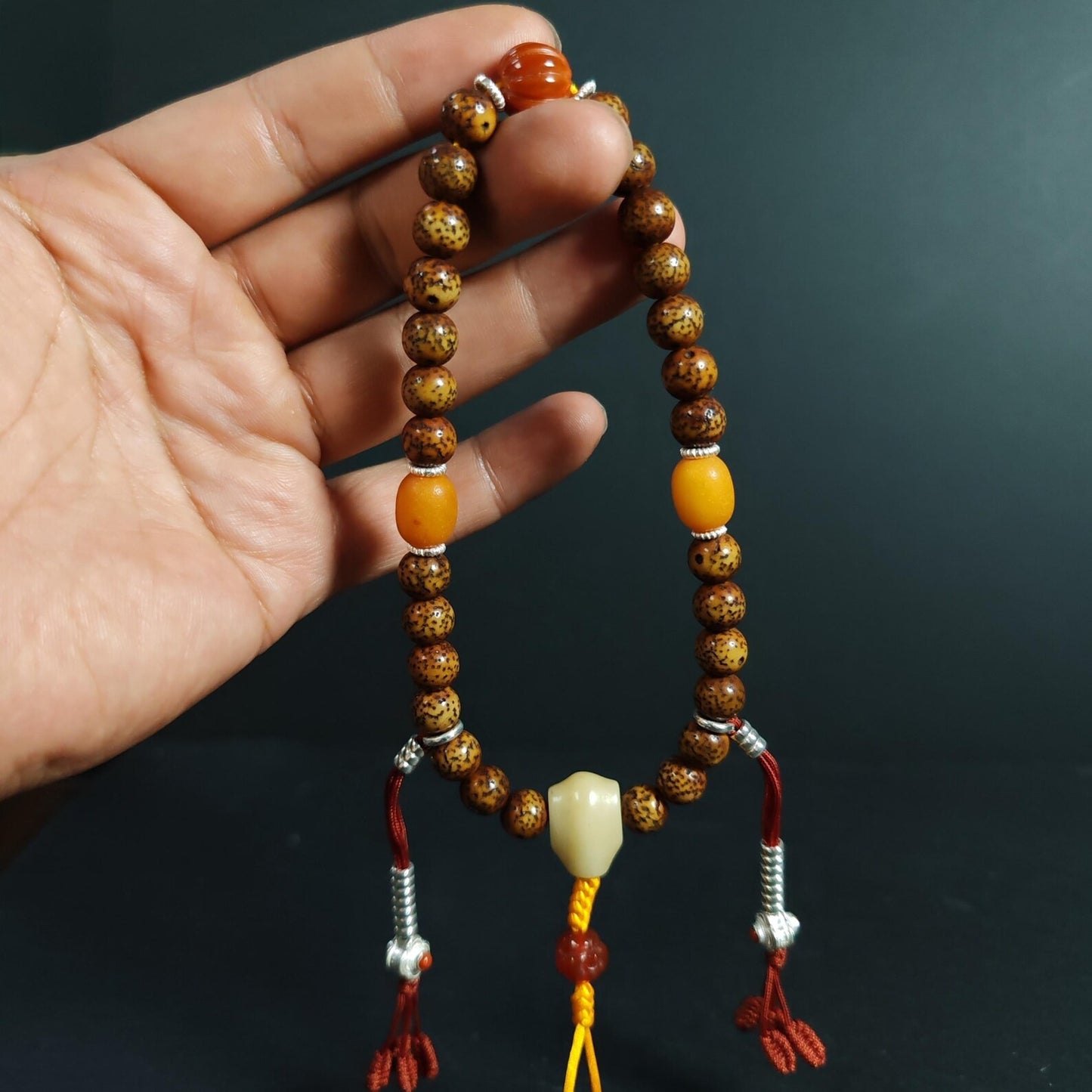Authentic 9mm Lotus Seed Beads Wrist Mala Bracelet: Old Tibetan Rosary Hand Hold Prayer Beads - 13cm Stretched