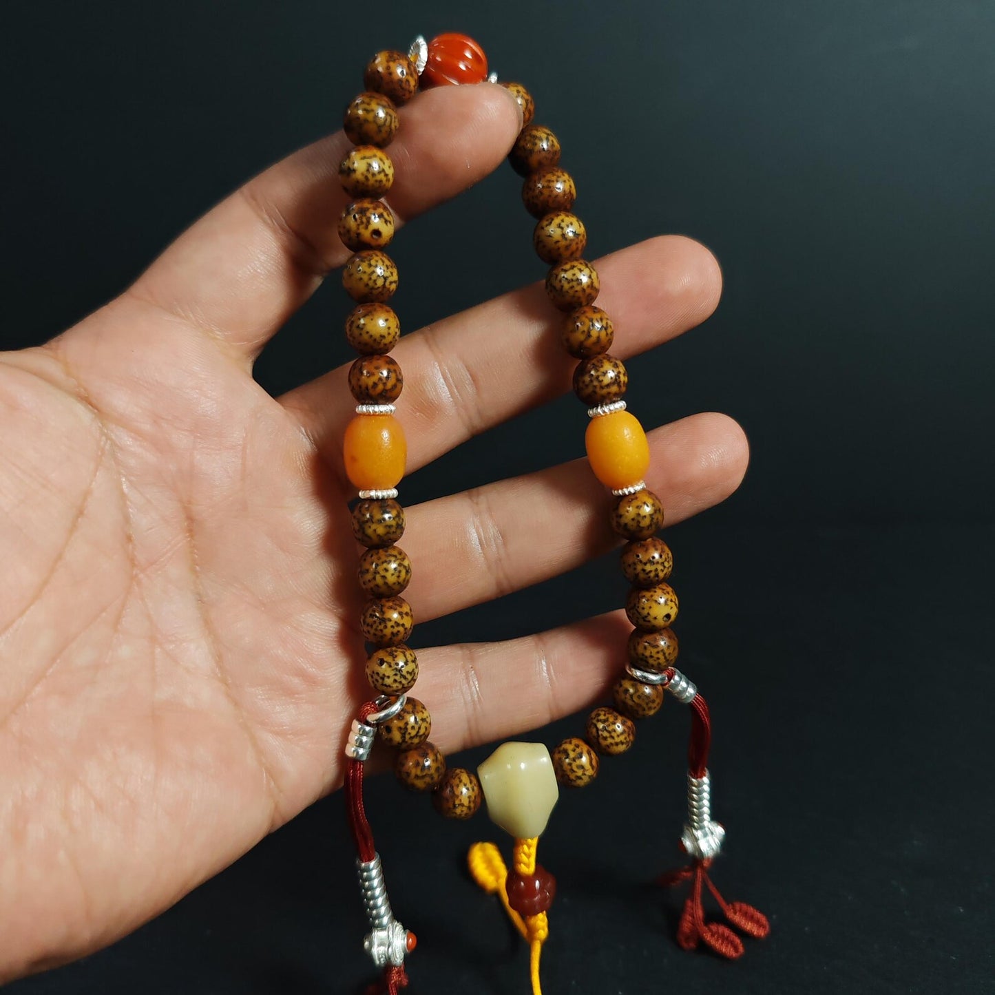 Authentic 9mm Lotus Seed Beads Wrist Mala Bracelet: Old Tibetan Rosary Hand Hold Prayer Beads - 13cm Stretched
