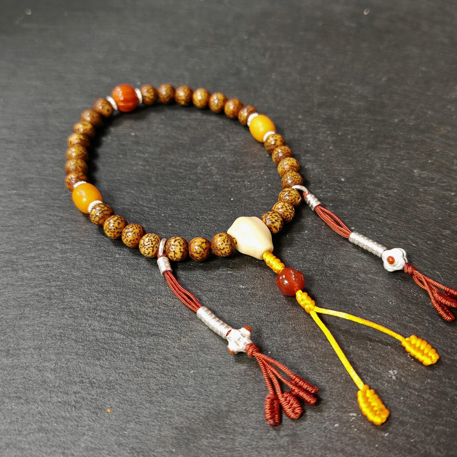 Authentic 9mm Lotus Seed Beads Wrist Mala Bracelet: Old Tibetan Rosary Hand Hold Prayer Beads - 13cm Stretched