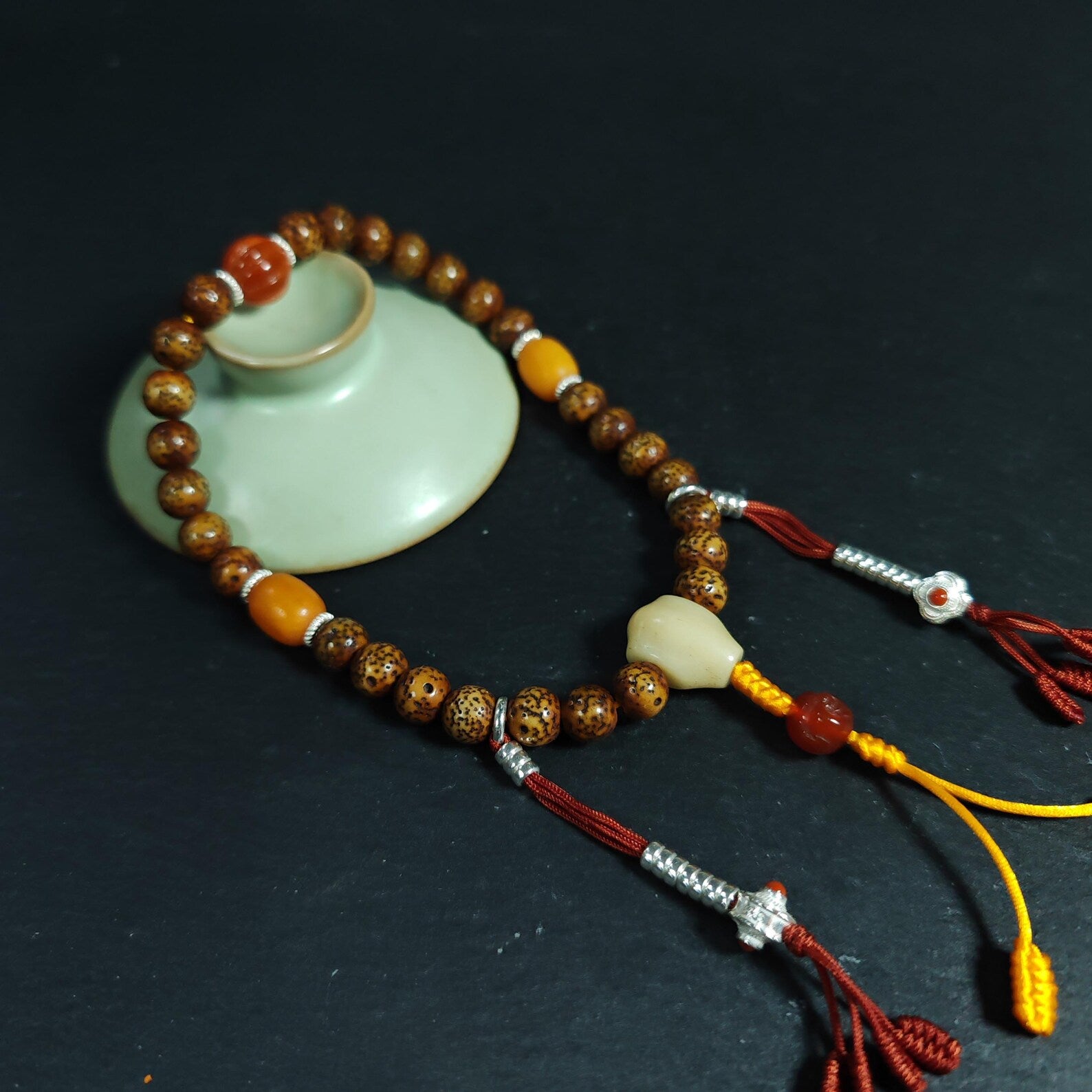 Authentic 9mm Lotus Seed Beads Wrist Mala Bracelet: Old Tibetan Rosary Hand Hold Prayer Beads - 13cm Stretched