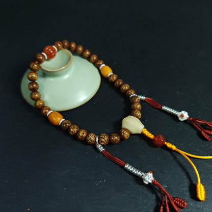 Authentic 9mm Lotus Seed Beads Wrist Mala Bracelet: Old Tibetan Rosary Hand Hold Prayer Beads - 13cm Stretched