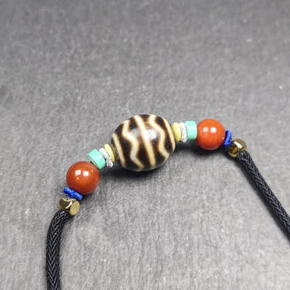Authentic Dalo Dzi Bead Necklace - Round Wave Dzi - Tibetan Buddhist bead necklace, front view