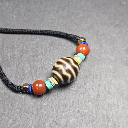 Authentic Dalo Dzi Bead Necklace - Round Wave Dzi - Tibetan Buddhist bead necklace, detailed view