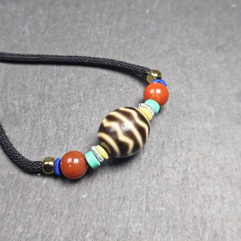 Authentic Dalo Dzi Bead Necklace - Round Wave Dzi - Tibetan Buddhist bead necklace, detailed view