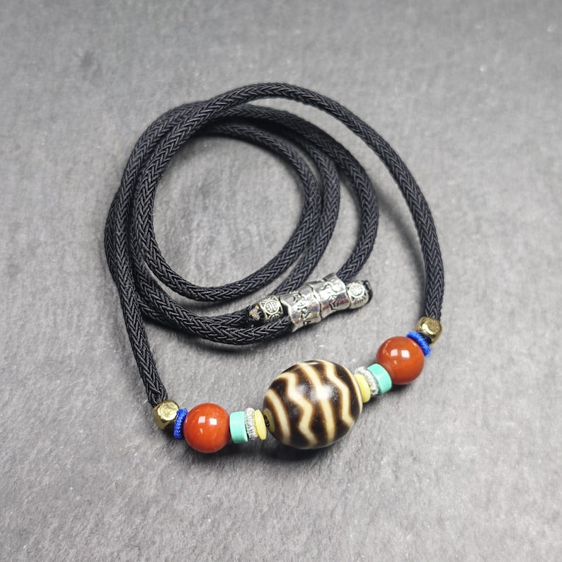 Authentic Dalo Dzi Bead Necklace - Round Wave Dzi | Tibetan Jewelry | Protection Charm | Spiritual Gift | 18*20mm
