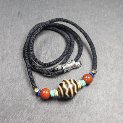 Authentic Dalo Dzi Bead Necklace - Round Wave Dzi | Tibetan Jewelry | Protection Charm | Spiritual Gift | 18*20mm