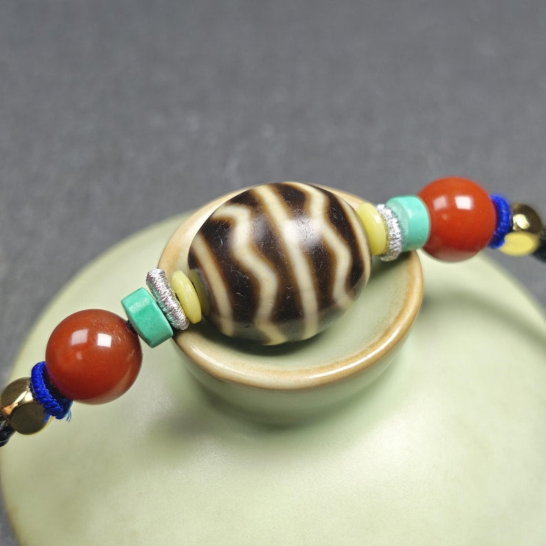 Authentic Dalo Dzi Bead Necklace - Round Wave Dzi | Tibetan Jewelry | Protection Charm | Spiritual Gift | 18*20mm