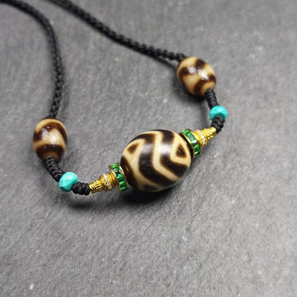 Authentic Dalo Dzi Bead Necklace - Round Wave Dzi + Tiger Tooth Dzi | Tibetan Jewelry | Protection Charm | Spiritual Gift | 20*17mm