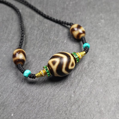 Authentic Dalo Dzi Bead Necklace - Round Wave Dzi + Tiger Tooth Dzi | Tibetan Jewelry | Protection Charm | Spiritual Gift | 20*17mm