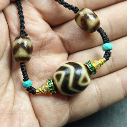 Authentic Dalo Dzi Bead Necklace - Round Wave Dzi + Tiger Tooth Dzi | Tibetan Jewelry | Protection Charm | Spiritual Gift | 20*17mm