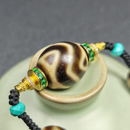 Authentic Dalo Dzi Bead Necklace - Round Wave Dzi + Tiger Tooth Dzi | Tibetan Jewelry | Protection Charm | Spiritual Gift | 20*17mm