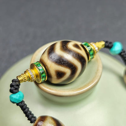 Authentic Dalo Dzi Bead Necklace - Round Wave Dzi + Tiger Tooth Dzi | Tibetan Jewelry | Protection Charm | Spiritual Gift | 20*17mm