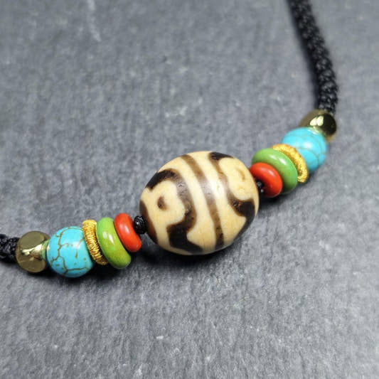 Authentic Dzi Bead Necklace - Lotus Dalo Dzi Pendant 18*15mm - Tibetan Buddhist bead necklace, front view
