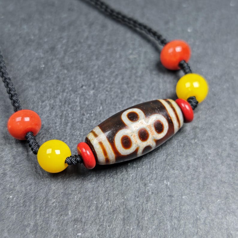 Authentic Fire Agate Thunder 5 Eyes Dzi Necklace | Tibetan Jewelry | Protection Charm | Spiritual Gift | 30*15mm