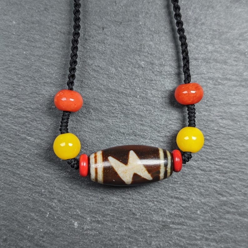Authentic Fire Agate Thunder 5 Eyes Dzi Necklace | Tibetan Jewelry | Protection Charm | Spiritual Gift | 30*15mm