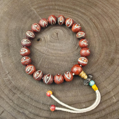 Inlaid Bodhi Seed Hand Hold Wrist Mala - Decades Old - Tibetan Buddhist mala beads, front view