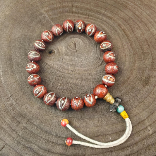 Authentic Inlaid Bodhi Seed Hand Hold Wrist Mala - 15mm Tibetan Rosary Bracelet - Decades Old