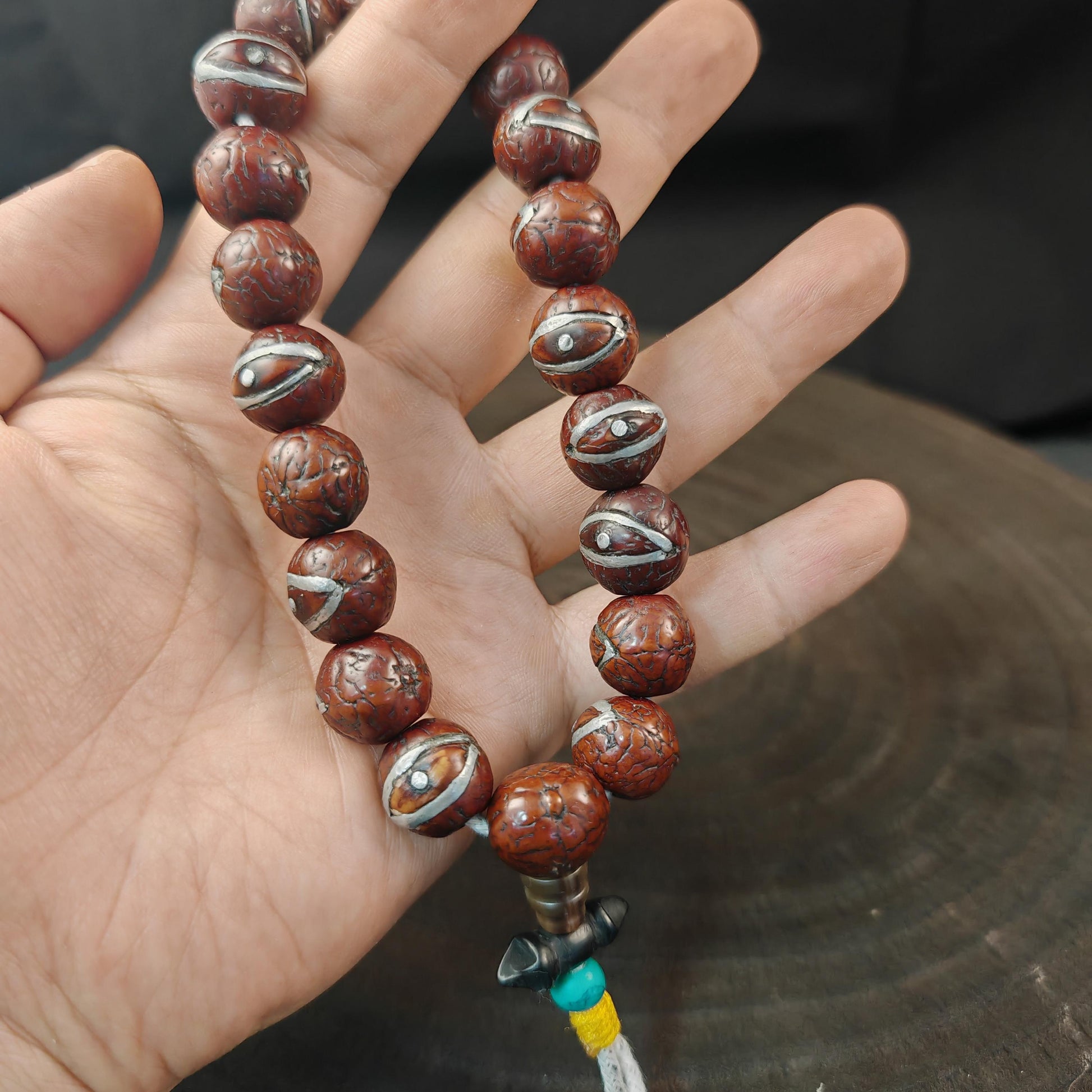 Inlaid Bodhi Seed Hand Hold Wrist Mala - Decades Old - Tibetan Buddhist mala beads, view 7