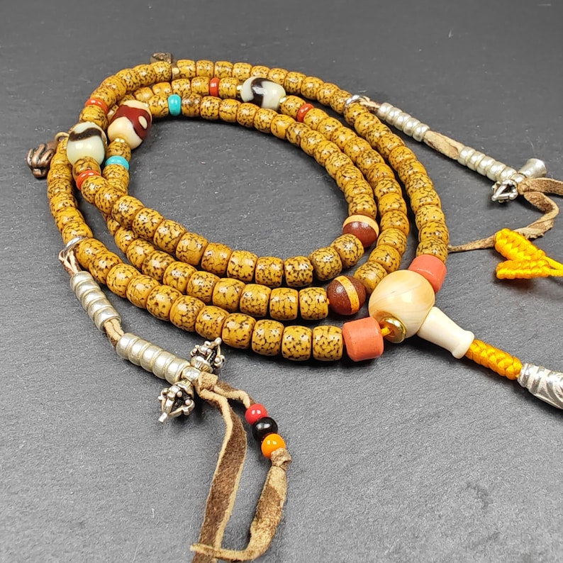Authentic Lotus Seed Necklace Mala for Women: Old 7+mm Tibetan Rosary 108 Prayer Beads - 38cm Stretched