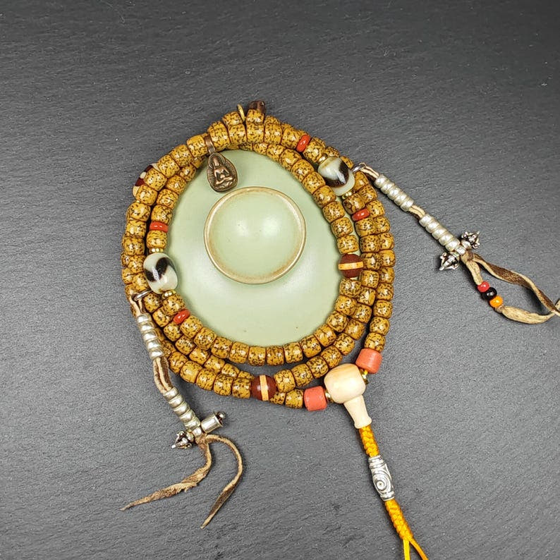Old 7+mm Lotus Seed Necklace Mala for Women - Tibetan Buddhist mala beads, close-up detail