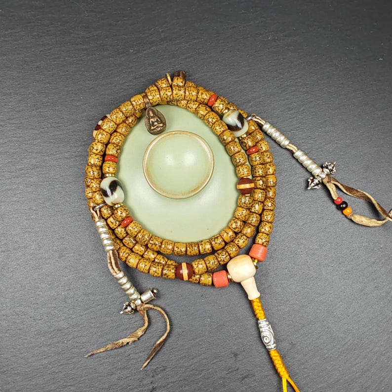 Authentic Lotus Seed Necklace Mala for Women: Old 7+mm Tibetan Rosary 108 Prayer Beads - 38cm Stretched
