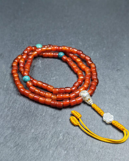 Authentic Old 6mm Pure Agate Necklace Mala: Tibetan 108 Prayer Beads Rosary for Women - 32cm stretched