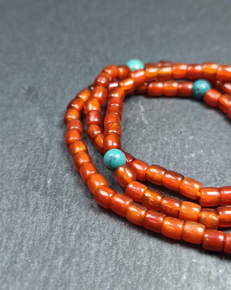 Authentic Old 6mm Pure Agate Necklace Mala - 32cm stretched - Tibetan Buddhist mala beads, detailed view