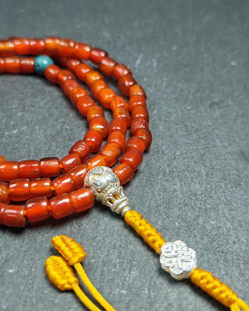 Authentic Old 6mm Pure Agate Necklace Mala: Tibetan 108 Prayer Beads Rosary for Women - 32cm stretched