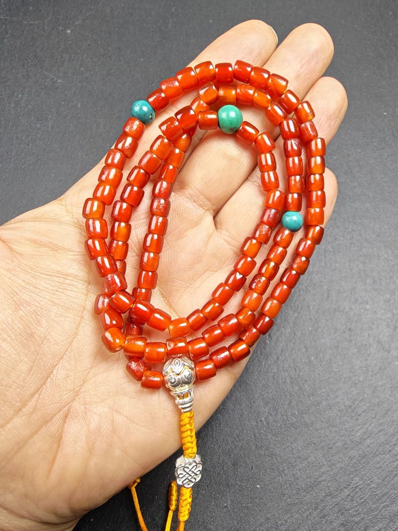 Authentic Old 6mm Pure Agate Necklace Mala: Tibetan 108 Prayer Beads Rosary for Women - 32cm stretched