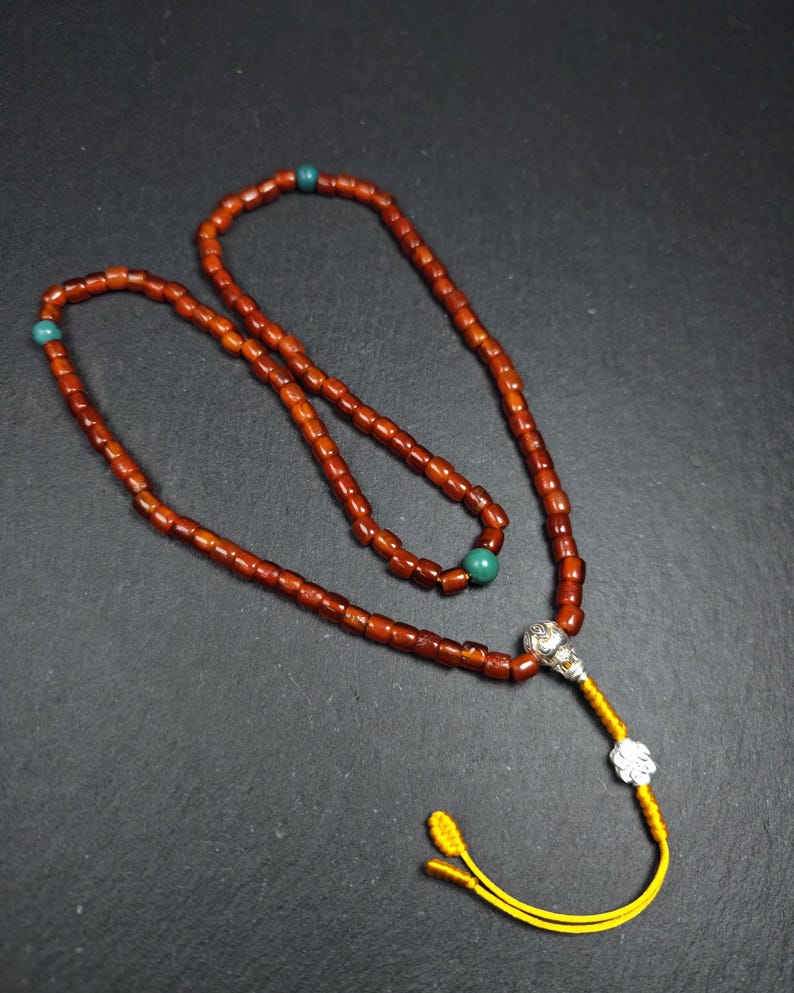 Authentic Old 6mm Pure Agate Necklace Mala: Tibetan 108 Prayer Beads Rosary for Women - 32cm stretched