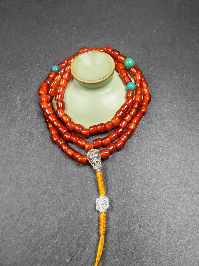 Authentic Old 6mm Pure Agate Necklace Mala - 32cm stretched - Tibetan Buddhist mala beads, view 8