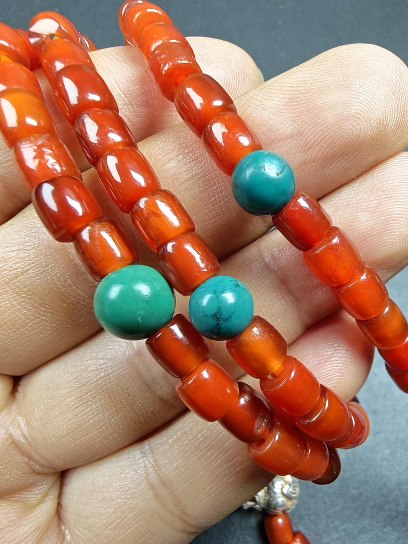 Authentic Old 6mm Pure Agate Necklace Mala: Tibetan 108 Prayer Beads Rosary for Women - 32cm stretched