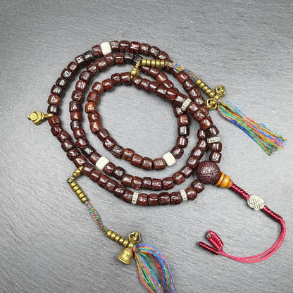 Old 8mm Rudraksha Necklace Mala - Tibetan Buddhist mala beads, front view