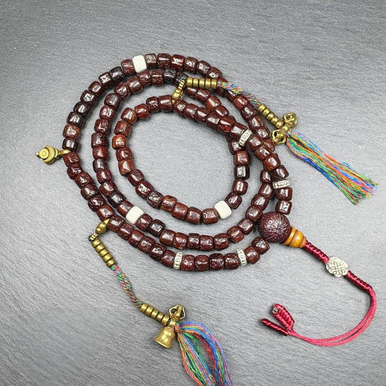 Old 8mm Rudraksha Necklace Mala - Tibetan Buddhist mala beads, front view