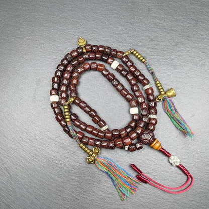 Old 8mm Rudraksha Necklace Mala - Tibetan Buddhist mala beads, detailed view
