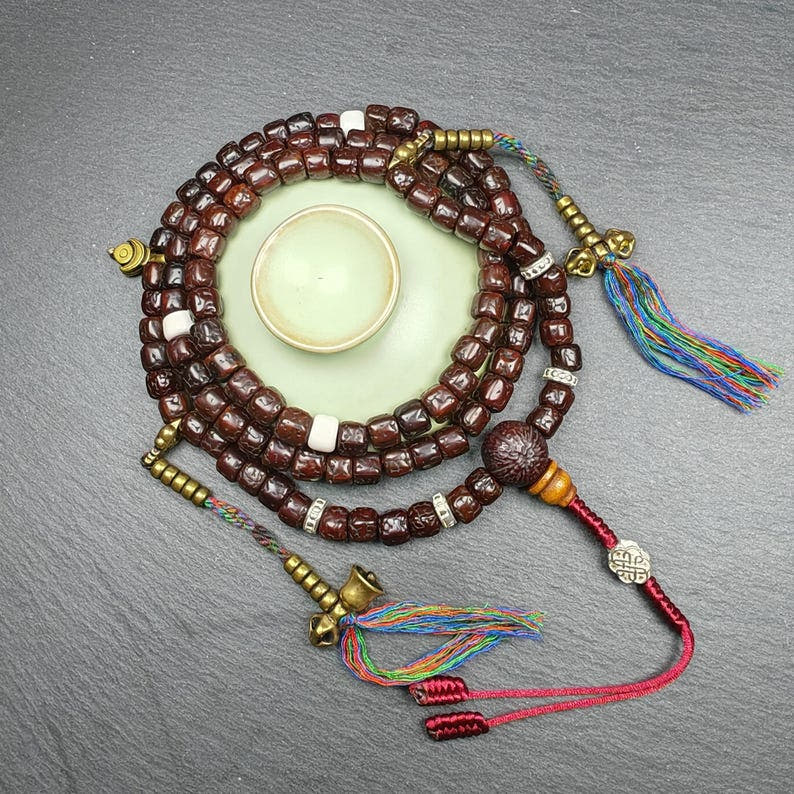 Old 8mm Rudraksha Necklace Mala - Tibetan Buddhist mala beads, close-up detail