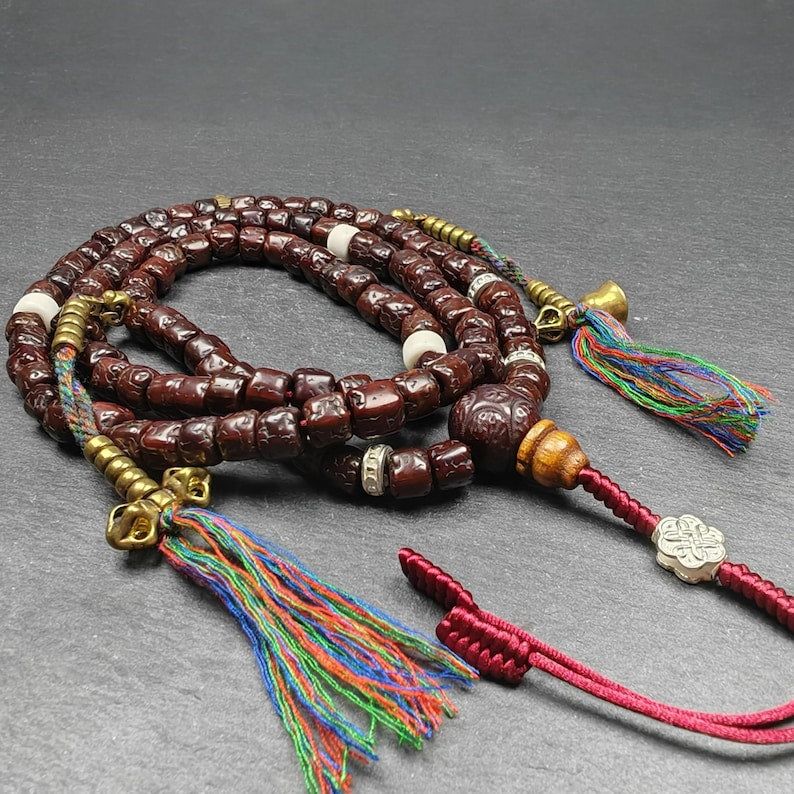 Authentic Old 8mm Rudraksha Necklace Mala:Tibetan 108 Prayer Beads Rosary - 38cm stretched