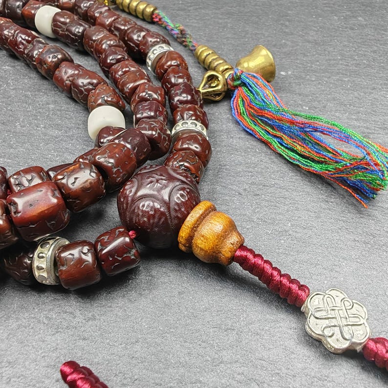 Authentic Old 8mm Rudraksha Necklace Mala:Tibetan 108 Prayer Beads Rosary - 38cm stretched