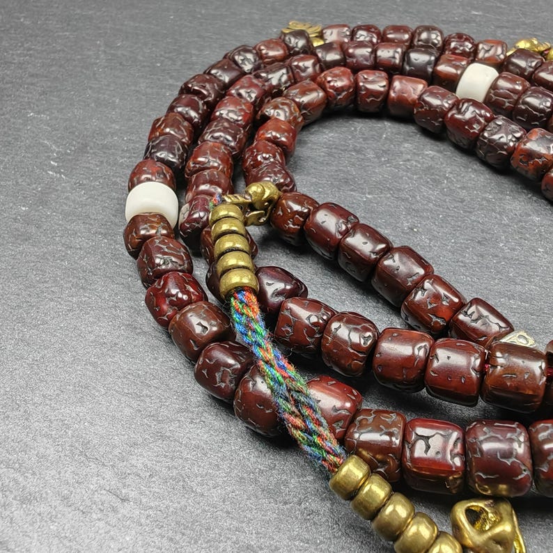 Authentic Old 8mm Rudraksha Necklace Mala:Tibetan 108 Prayer Beads Rosary - 38cm stretched