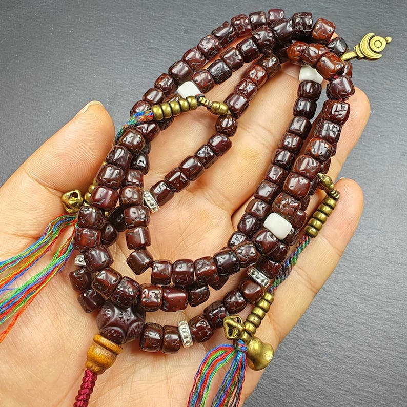 Old 8mm Rudraksha Necklace Mala - Tibetan Buddhist mala beads, view 8