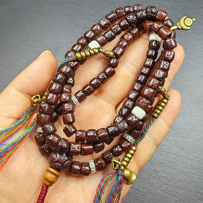 Authentic Old 8mm Rudraksha Necklace Mala:Tibetan 108 Prayer Beads Rosary - 38cm stretched
