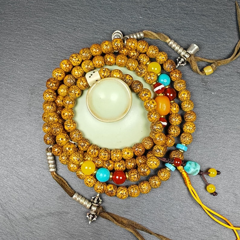Authentic Old 9mm Lotus Seed Necklace Mala:Tibetan 108 Prayer Beads Rosary - 51cm stretched